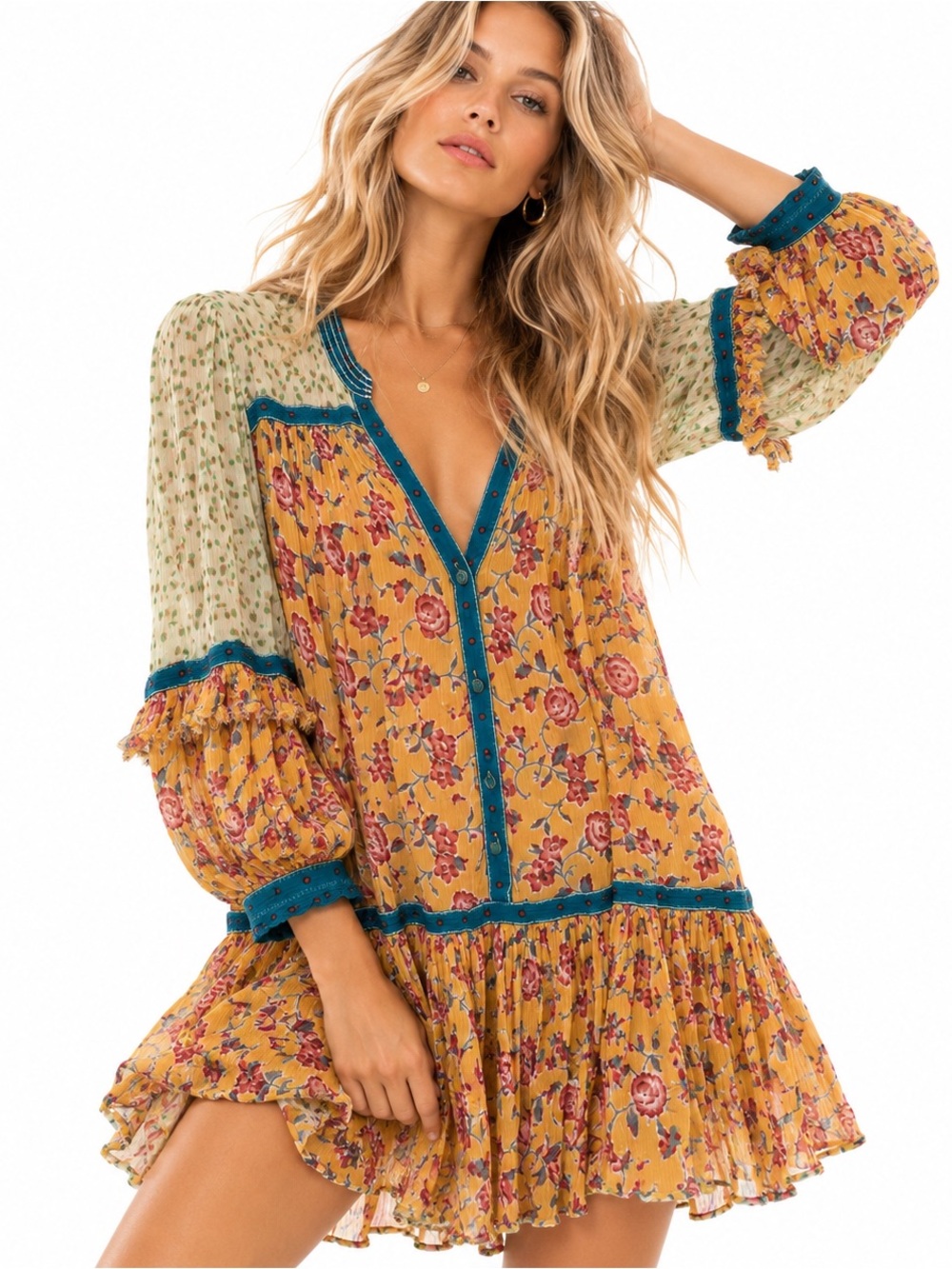 Free People Rosebud Floral Mini Dress Small Babydoll Ruffle Boho